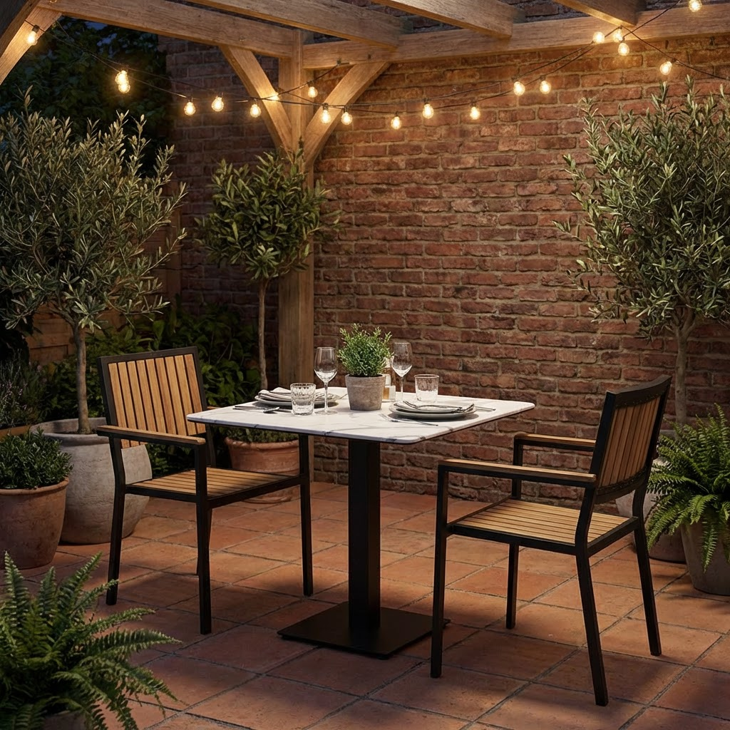 Tavolo da esterno Catania 60x60cm Piano in HPL compatto bianco effetto marmo