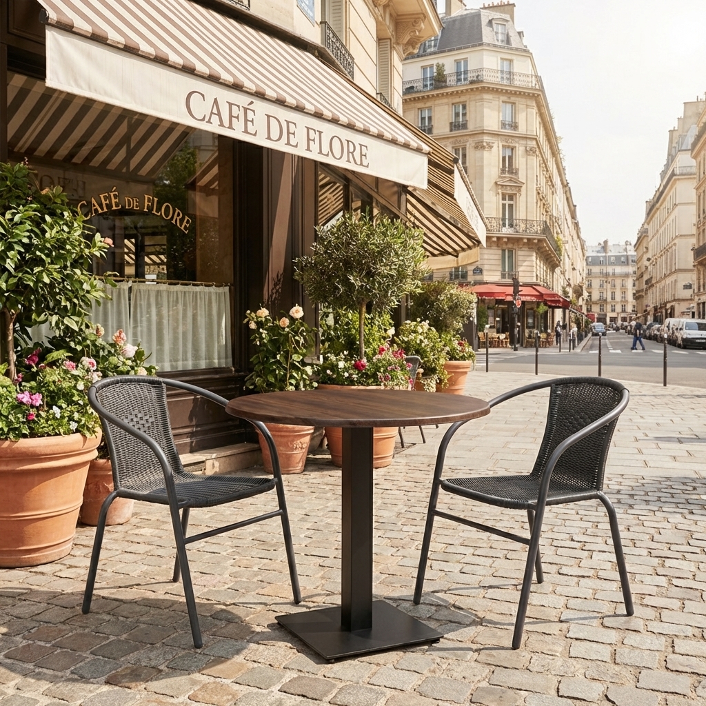 Tavolo da esterno rotondo Catania in noce da 60 cm Area esterna Piano del tavolo compatto in HPL