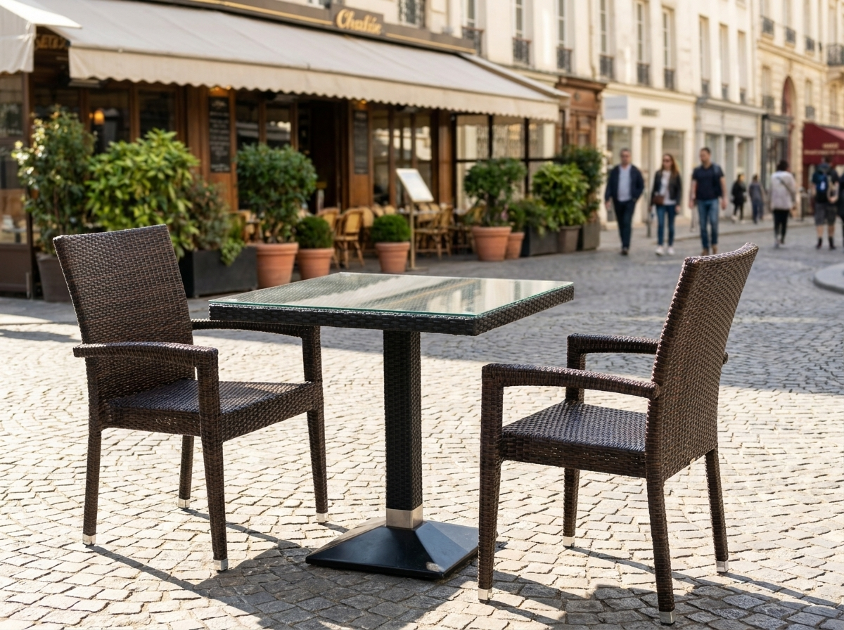 1+2 Set Verona sedie da giardino in polyrattan tavolo rattan impilabile in marrone
