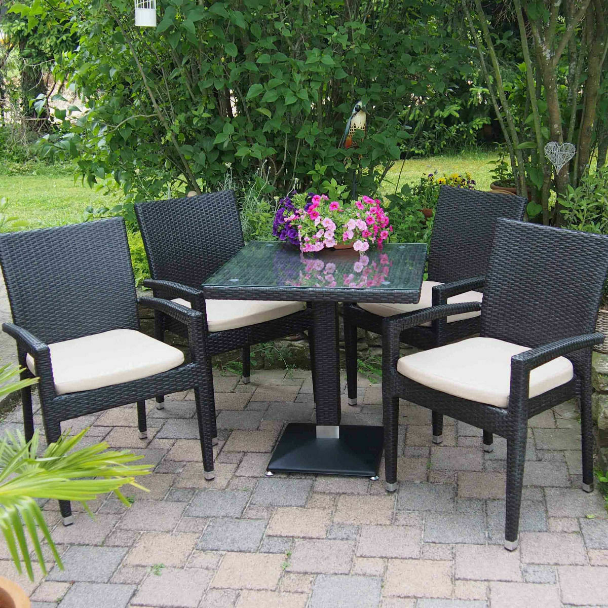 1+4 Set Verona Polyrattan Garten Outdoor Stühle Tisch Rattan stapelbar in Braun-SW10317 1+4 Set Verona Polyrattan Garten Outdoor Stühle Tisch Rattan stapelbar in Braun-SW10317
